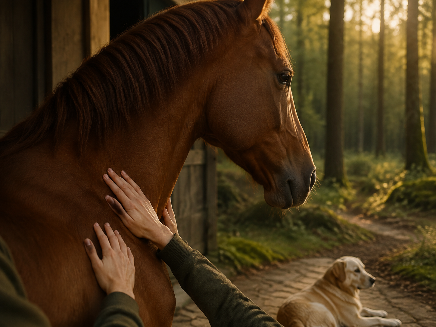 Mains posées avec douceur sur l’encolure d’un cheval